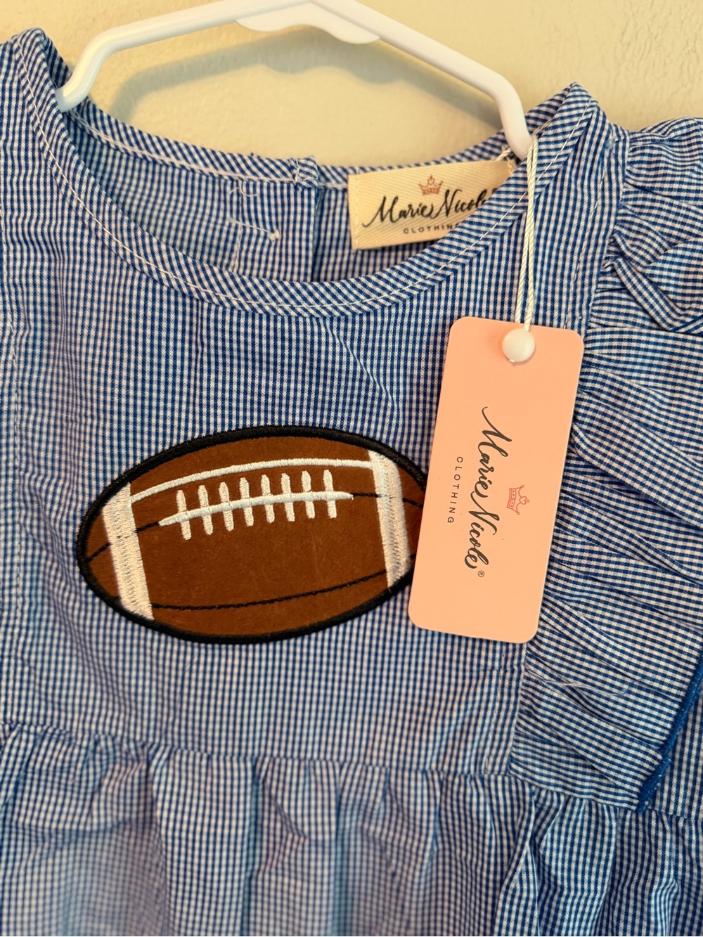 Marie Nicole Blue Gingham Football Appliqué Baby Bubble - Picture 2 of 3